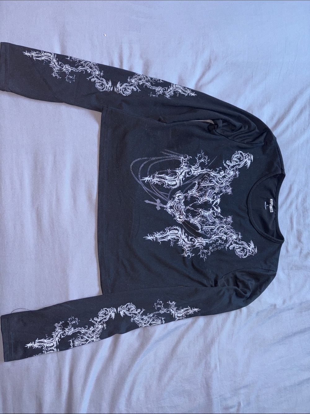 Black Graphic Long-Sleeve Shirt with White Ornamental Print